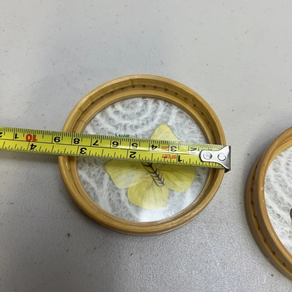 Set Of 2 Vintage Bamboo Acrylic Coaster w/ Real Pressed Butterfly